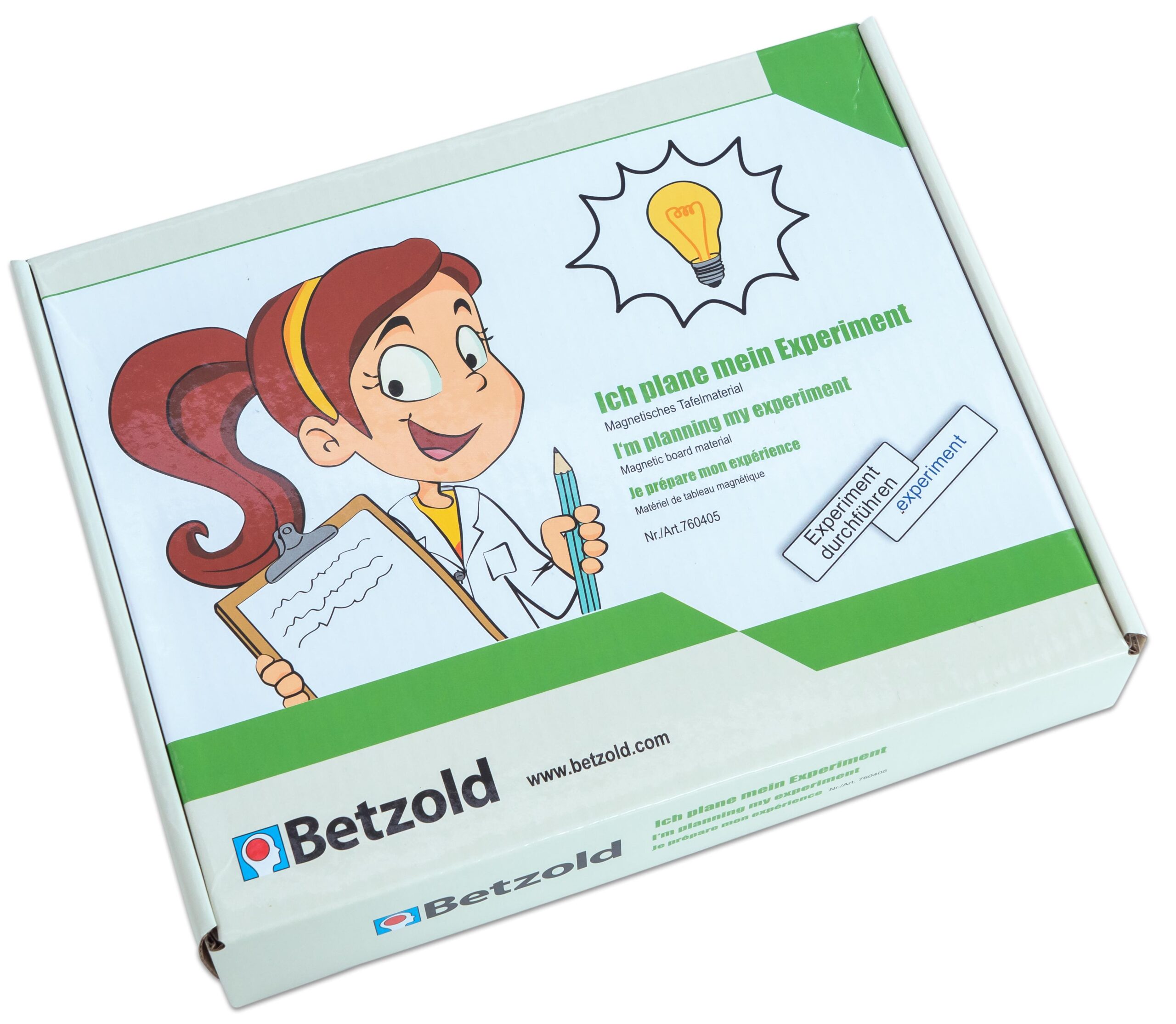 Doos met het product Laten we experimenteren, featuring een cartoon meisje in labjas met een notitieblok en een lampje.
