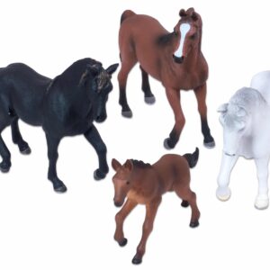 Vierdelige paarden set met een zwarte, bruine, kastanjebruine en witte paardfiguur, ideaal voor thematisch onderwijs.
