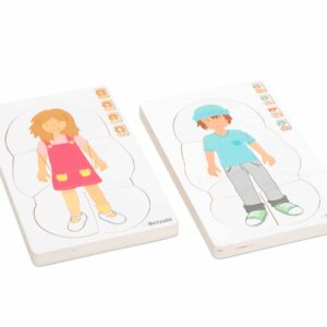 Verschillende lagen puzzel met een meisje en een jongen, ideaal voor thematisch onderwijs en spelontwikkeling.