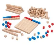 Houten rekenblokjes set met honderdplaat, tienstaven en eenheden in rood en blauw, ideaal voor het leren van getallen tot ...