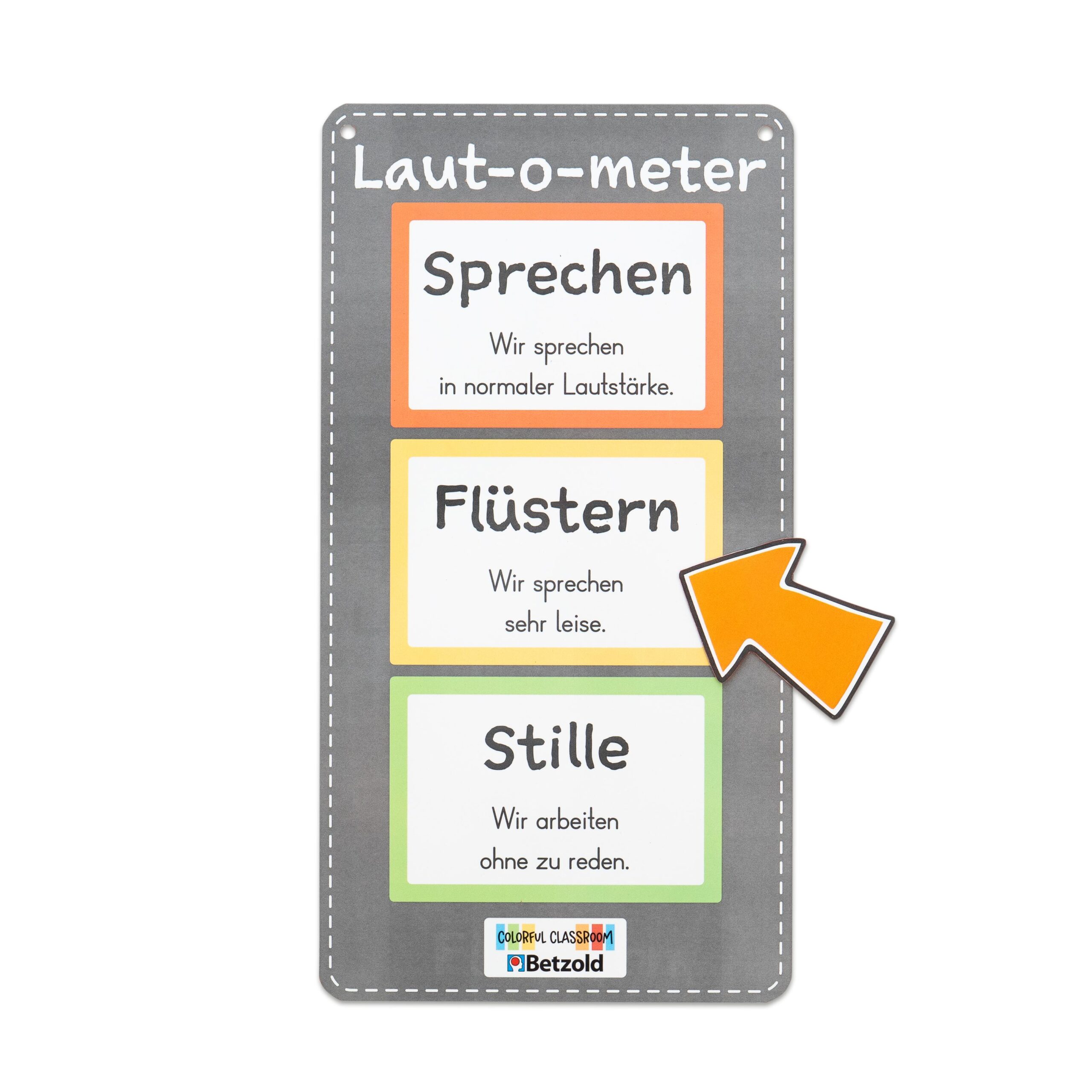 Spraakbesturing met drie niveaus: Spreken, Fluisteren, Stille. Inclusief een aanwijzende pijl voor gebruik.