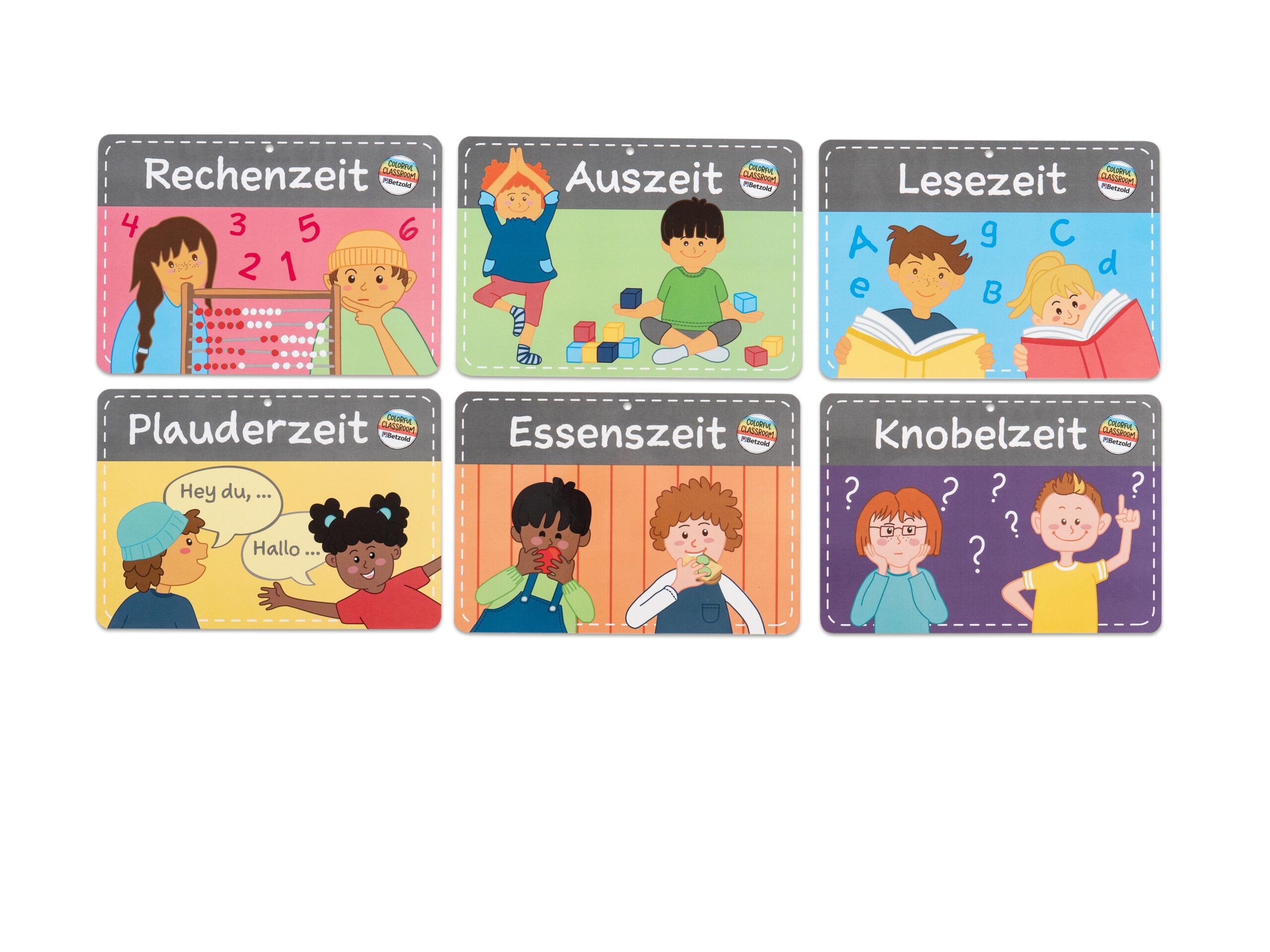Zes kleurrijke kaarten met verschillende activiteiten: rekenen, lezen, pauze, knutselen, eten en puzzelen.