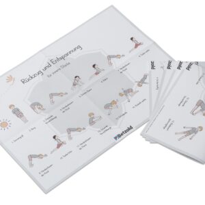 Poster Kinderyoga met vijf illustraties van yogahoudingen voor kinderen, gericht op ontspanning en beweging.