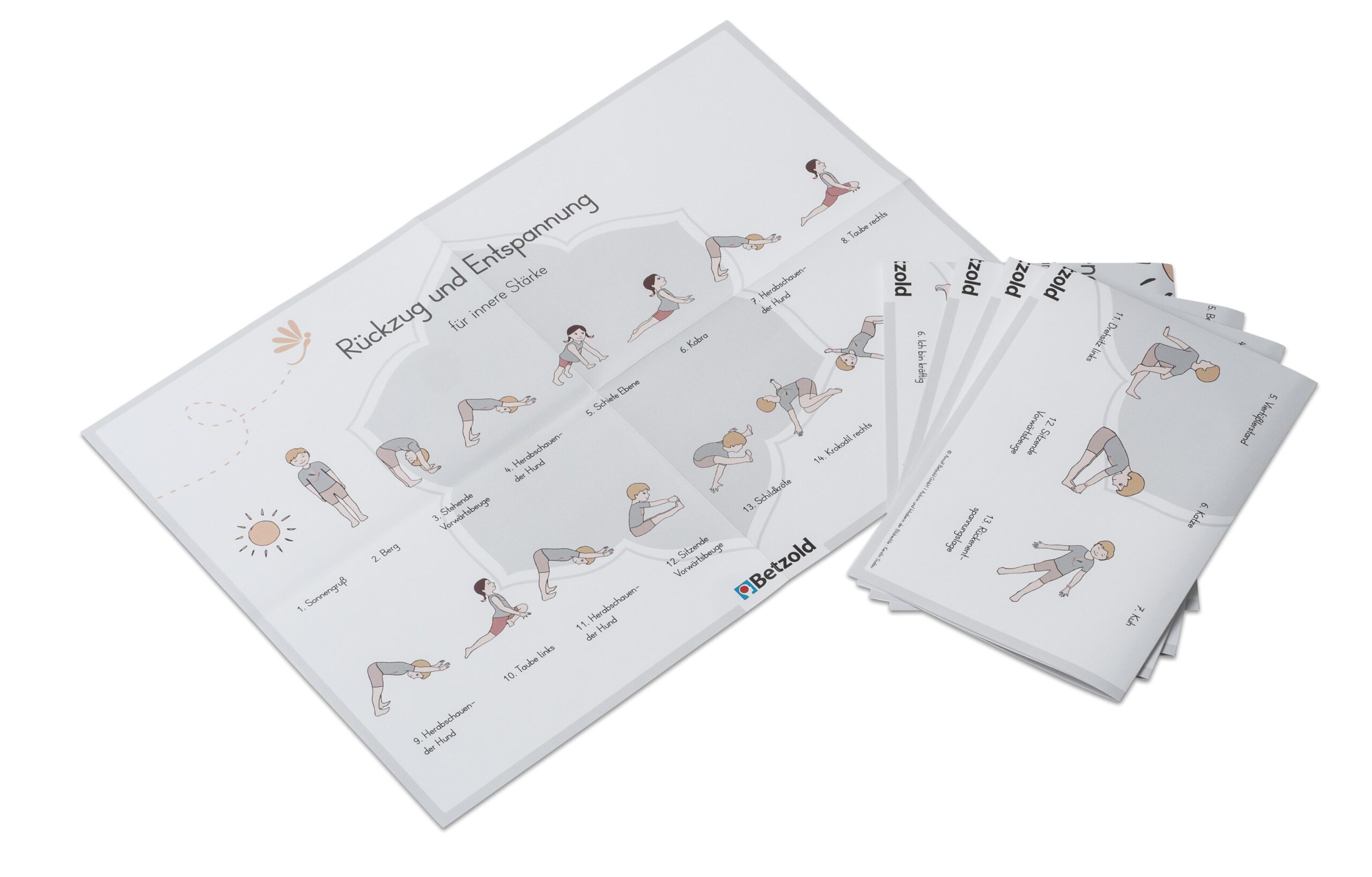 Poster Kinderyoga met vijf illustraties van yogahoudingen voor kinderen, gericht op ontspanning en beweging.