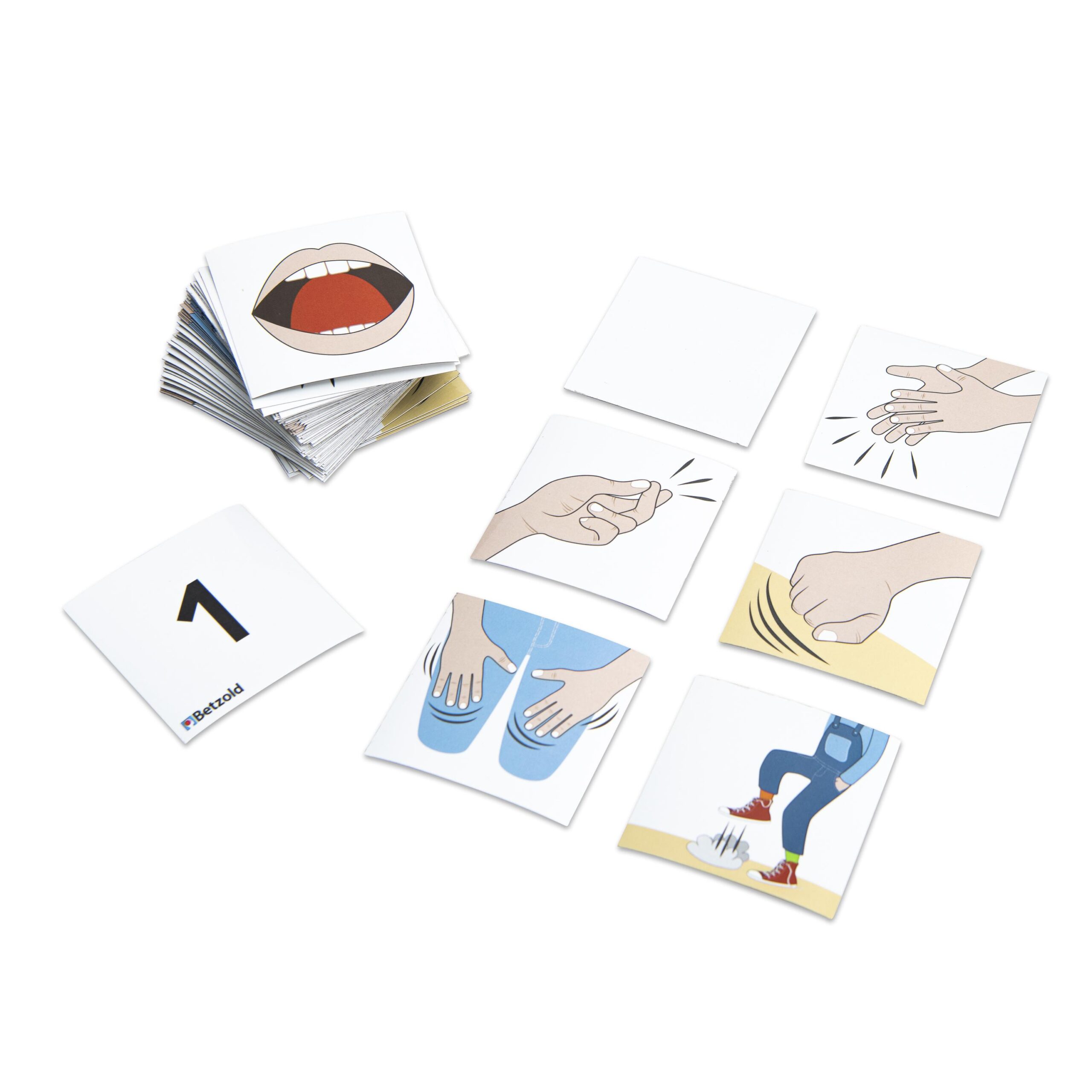 Ritmekaarten voor bodypercussie, met illustraties van verschillende percussietechnieken en nummers.