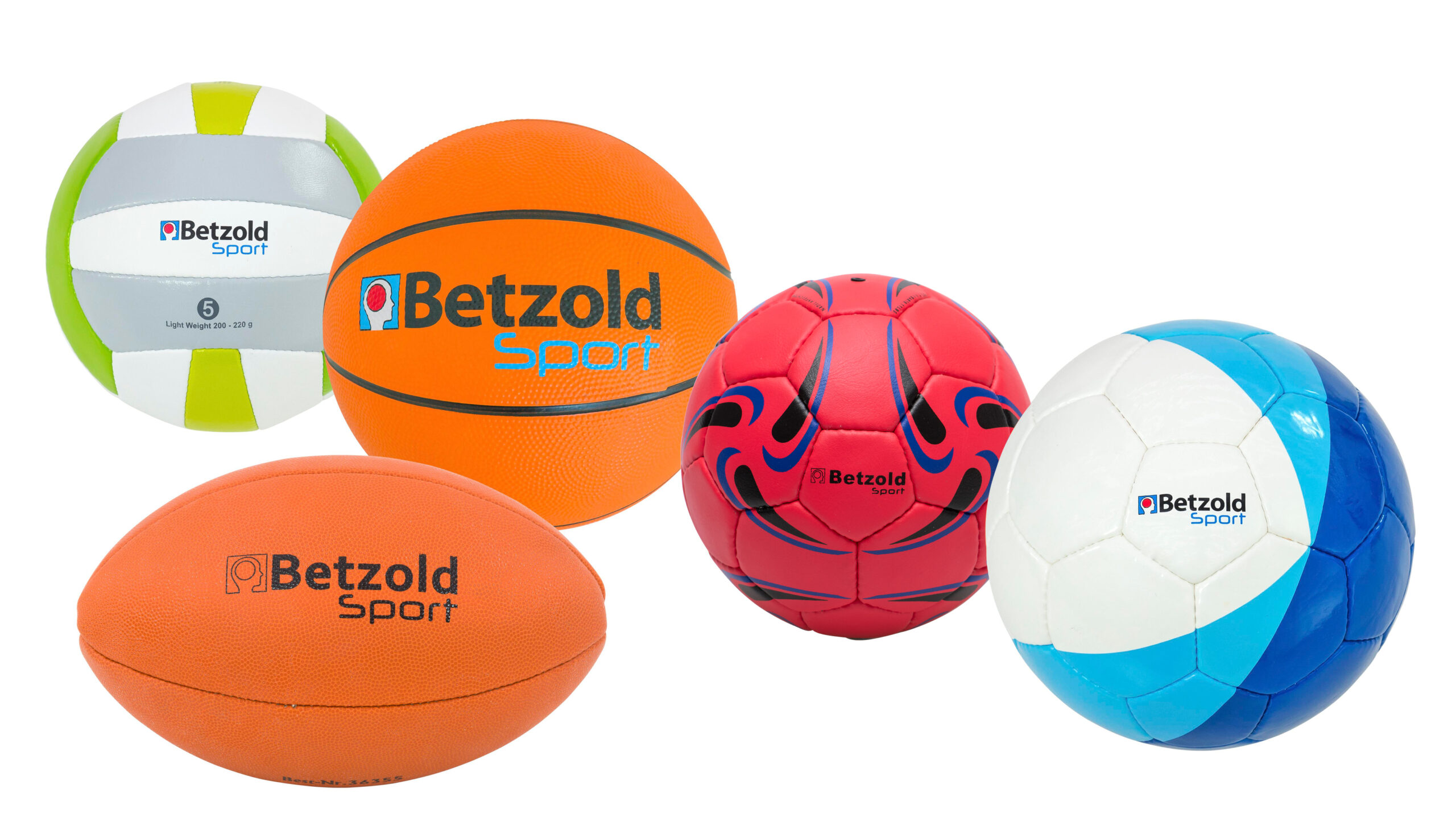Vijf sportballen in verschillende kleuren en stijlen, inclusief een basketbal, voetbal en rugbybal, met Betzold Sport logo.