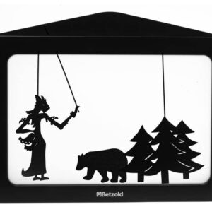 Kamishibai verteltheater met schaduwfiguren van een vrouw, een beer en bomen, ideaal voor verhalen en creatief gebruik.