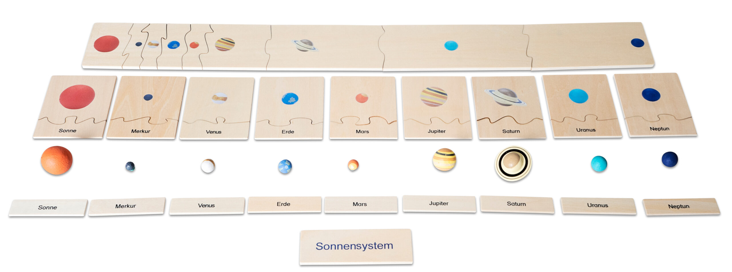 Houten puzzel van het zonnestelsel met planeten en hun volgorde, inclusief labels voor elke planeet.
