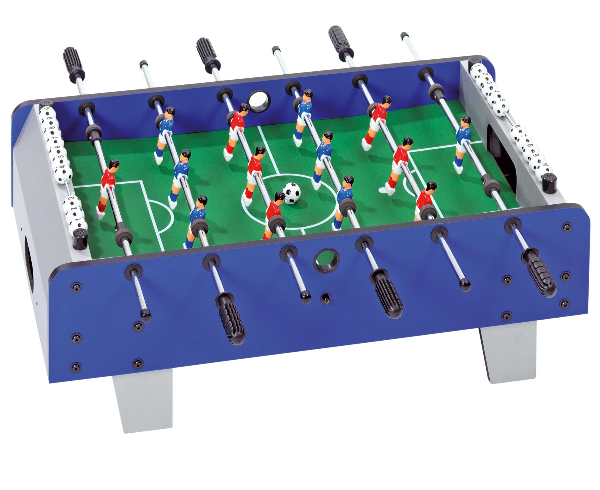 Klein voetbalspel met 2 ballen, 22 spelers in rood en blauw op een groene speelveld. Geschikt voor binnenvermaak.