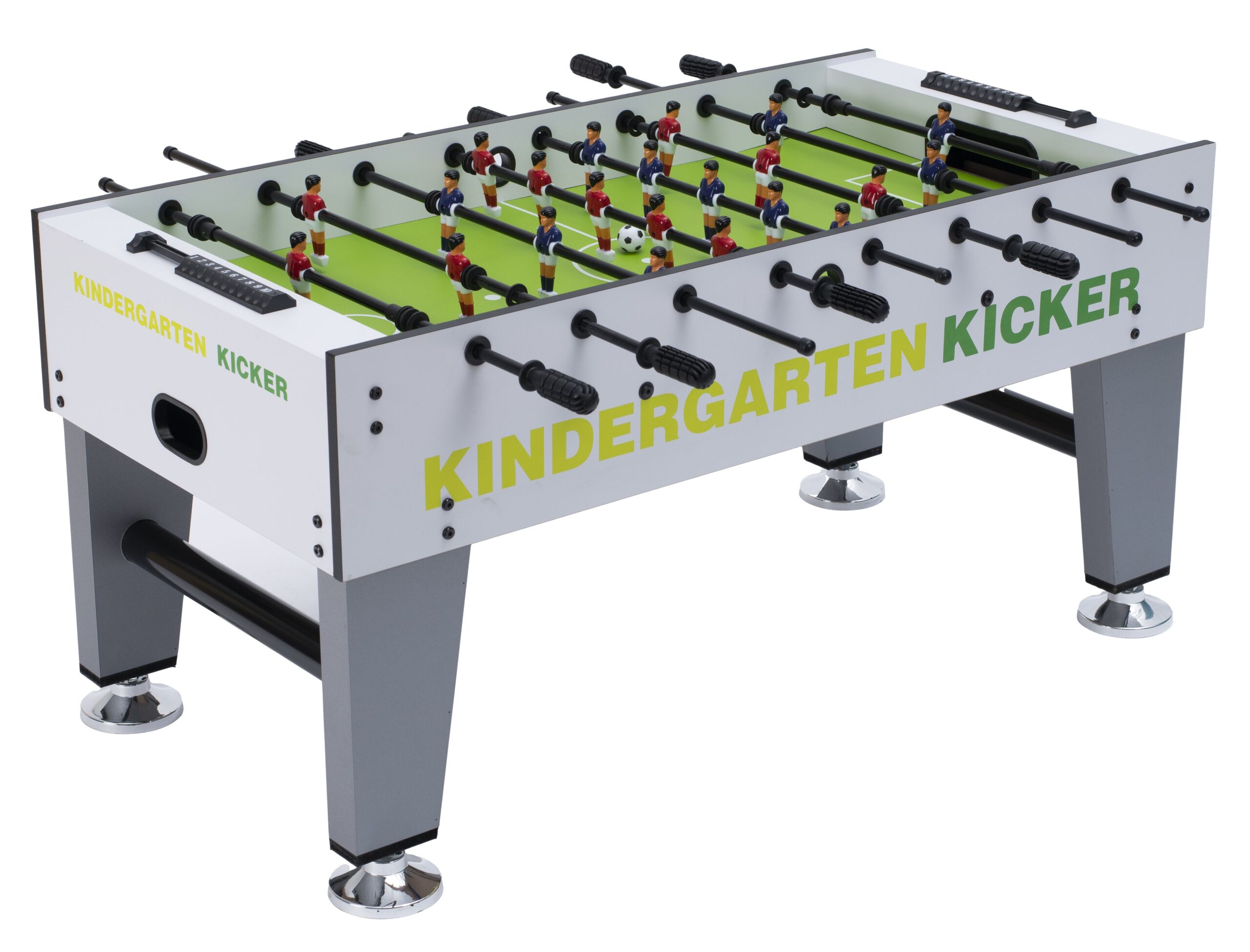 Kleuterschool voetbaltafel met kleurrijke spelers en 2 ballen, geschikt voor kinderen, stevige constructie.