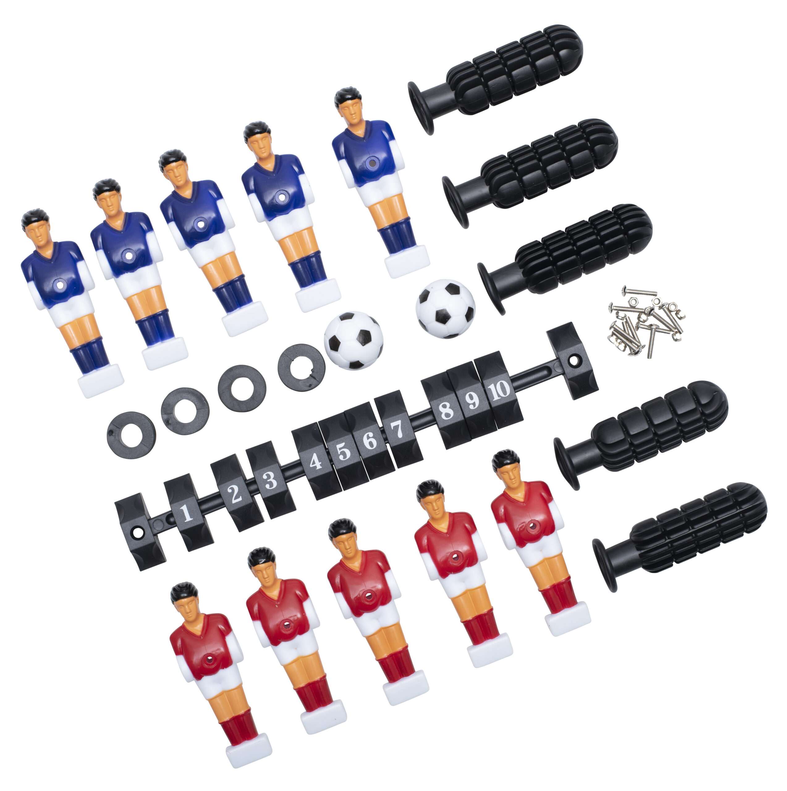 Reserveonderdelensets voor KiGa Kicker met spelers, ballen, tellers en bevestigingsmateriaal in diverse kleuren.