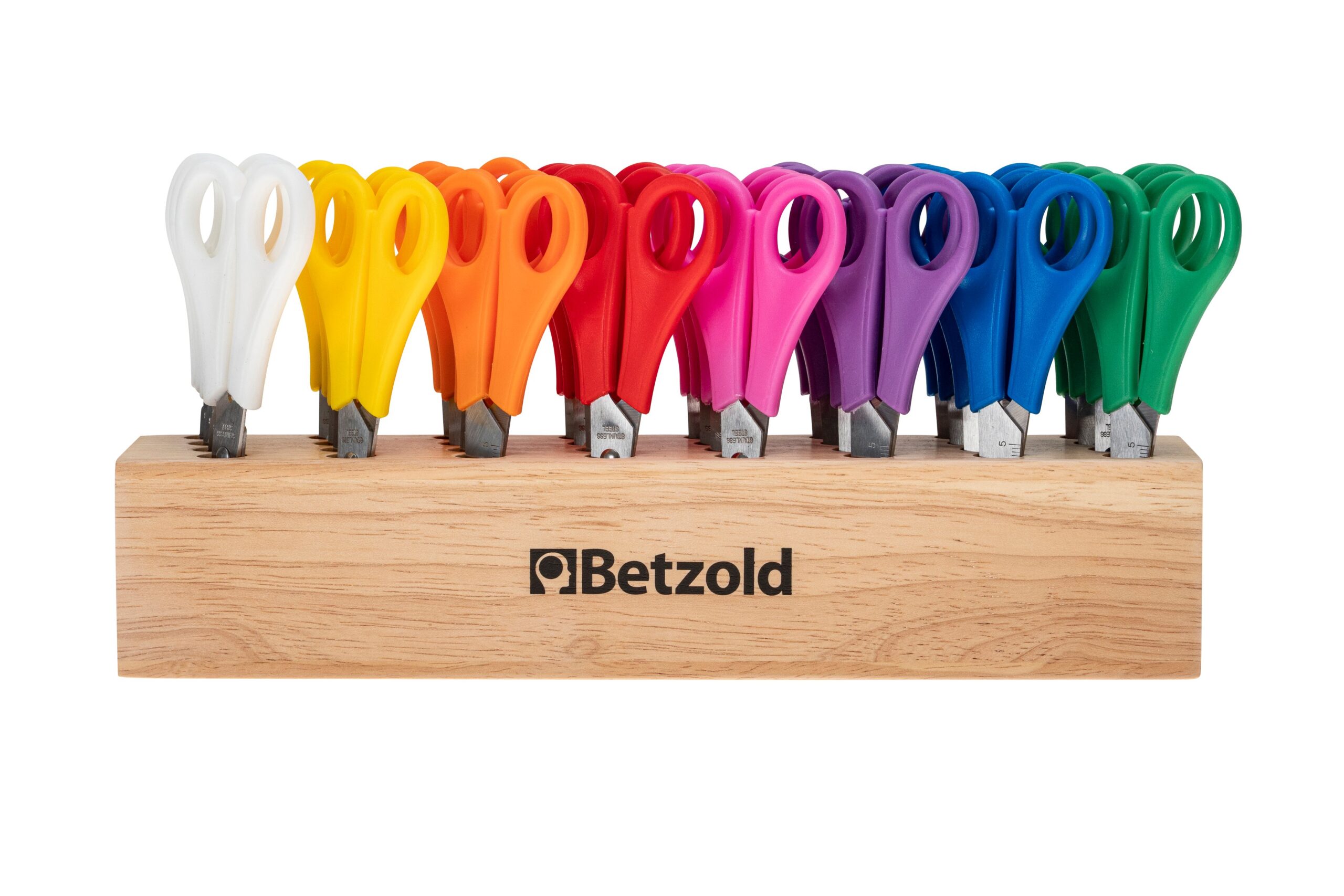 Houten standaard met 32 kleurrijke scharen in verschillende kleuren, merk Betzold.