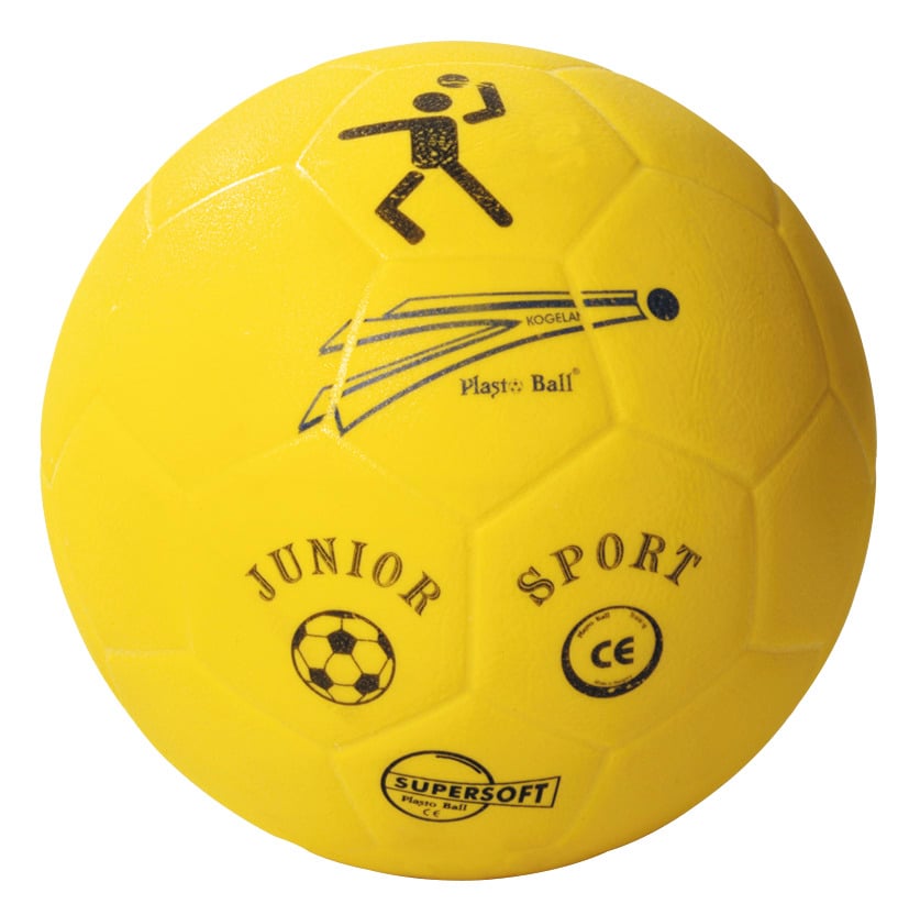 Zachte gele handbal Siapoo, maat 1, met sportieve opdruk en logos, geschikt voor junioren.