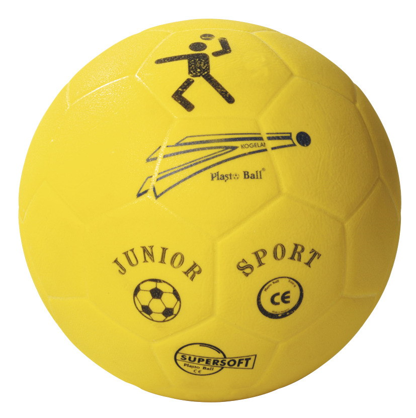 Zachte handbal Siapoo, maat 1, geel met sportieve opdruk en logos, ideaal voor junioren en recreatief gebruik.