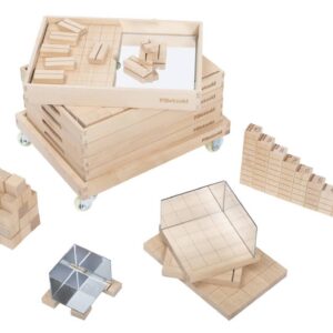 Wiskunde PROPLUS bouwsteen trolley met houten blokken en spiegels, ideaal voor leren en spelen met geometrie en rekenen.