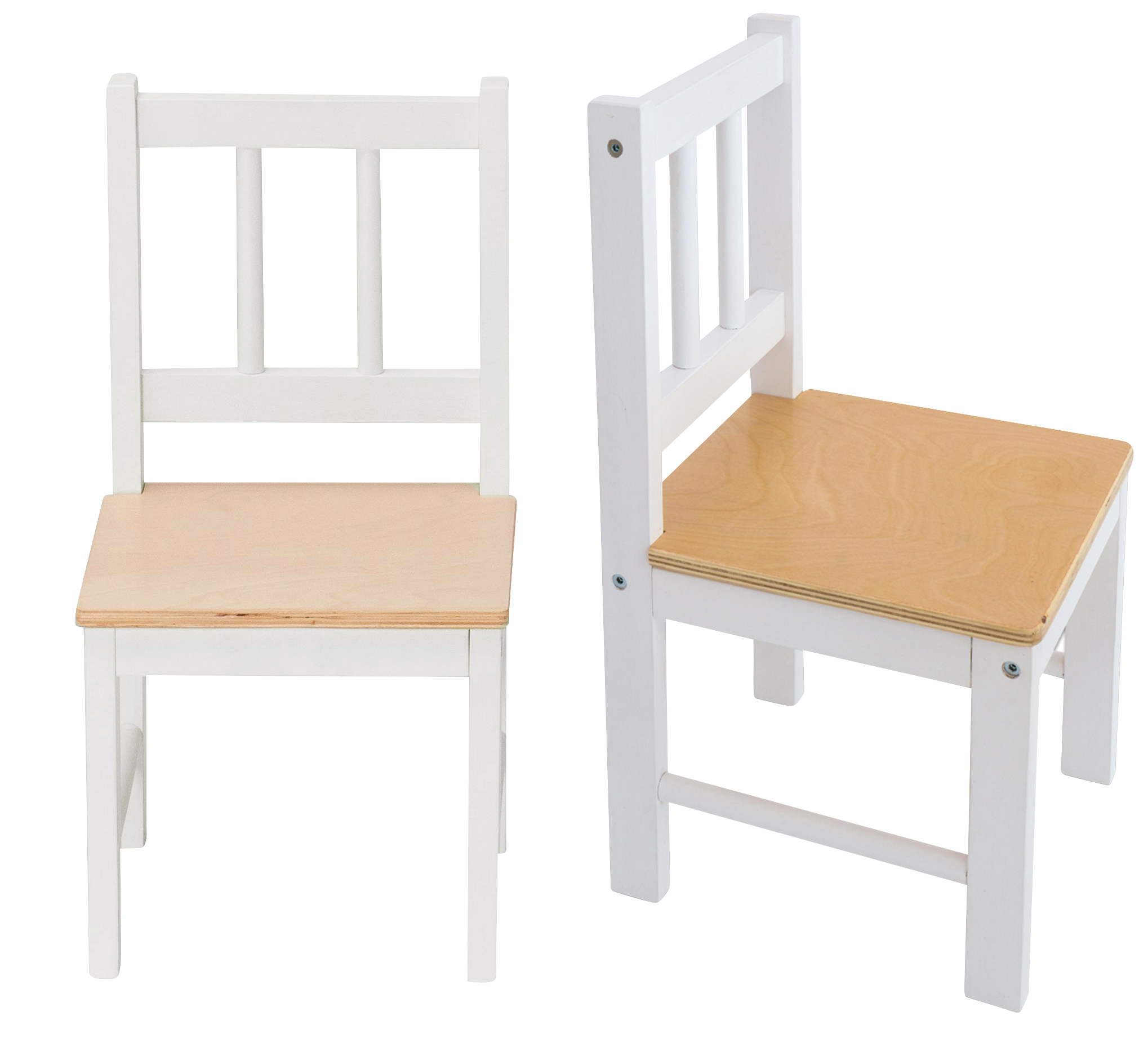 Set van twee witte kinderstoelen met houten zitting, ideaal voor speelhoeken en kinderkamers.