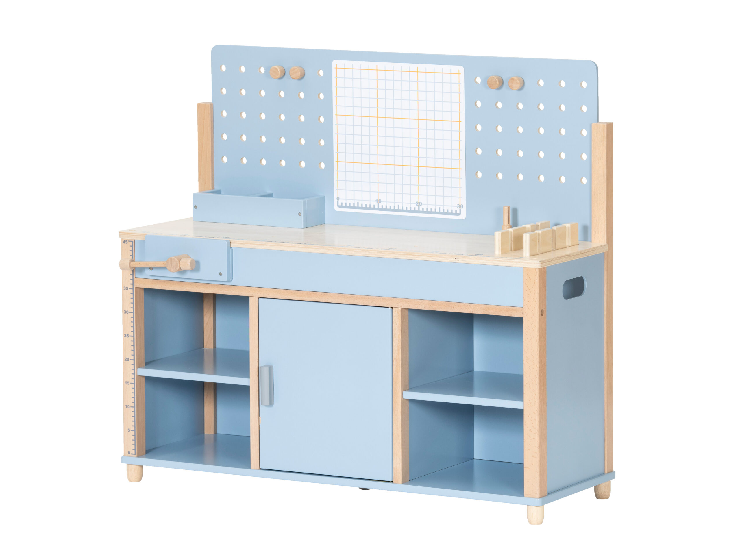 Kinderwerkbank in lichtblauw met opbergvakjes, gereedschap en een prikbord voor bouwspel en creatief plakken.