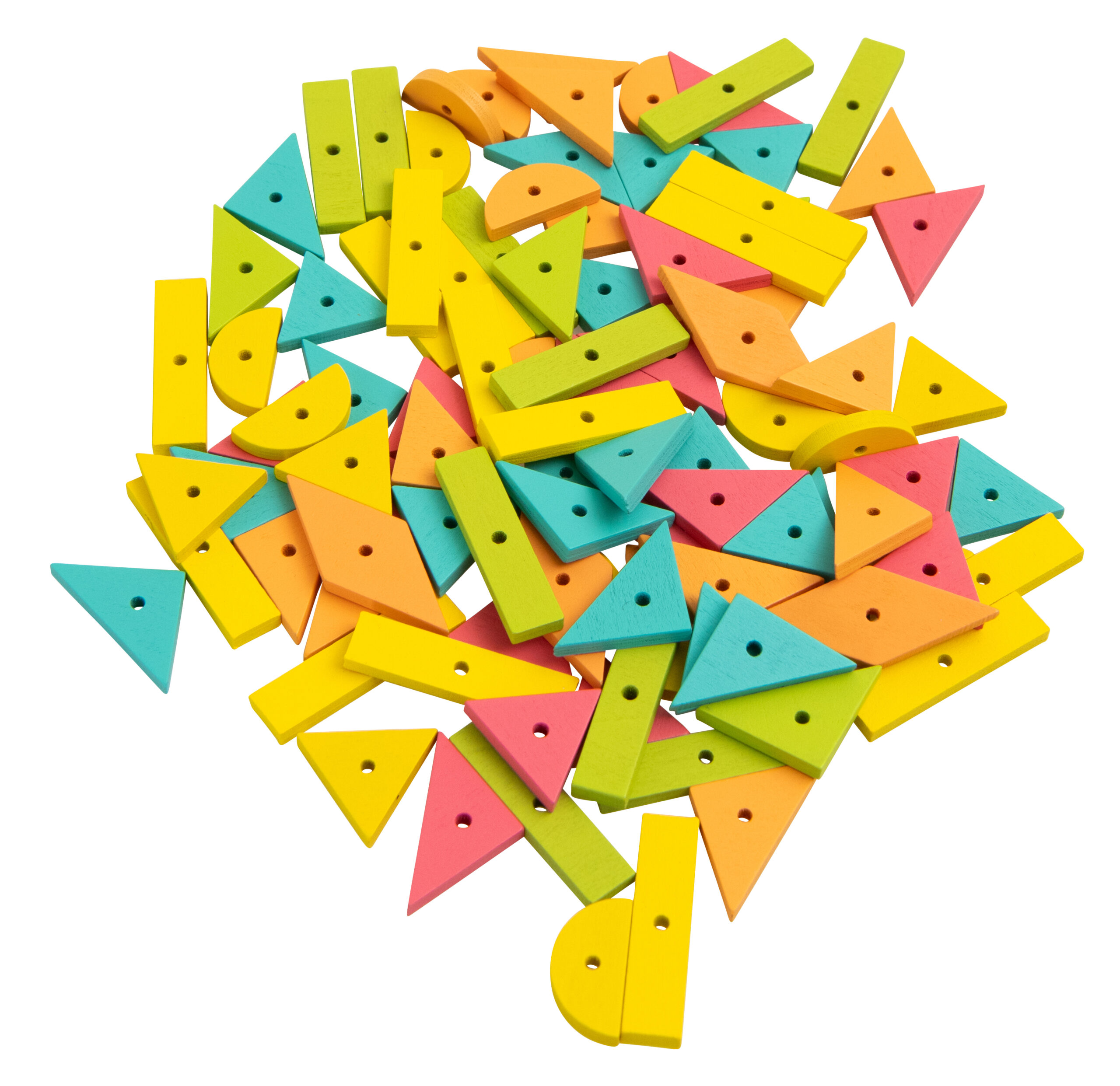Kleurrijke houten vormen in verschillende geometrische vormen voor het hamer en spijkerspel, ideaal voor fijne motoriek.