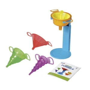 Trechterset met zeefopzetstuk, inclusief vier kleurrijke trechters en een blauw steunstuk, met instructieblad.