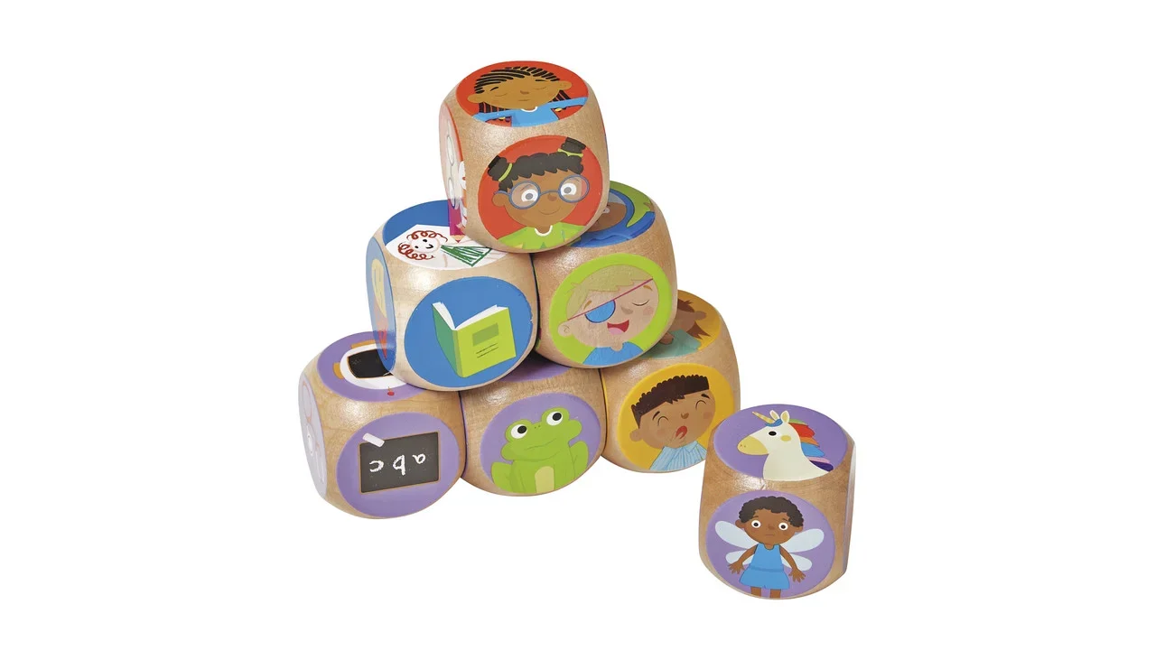 Kleurige dobbelstenen met verschillende emotionele gezichten en symbolen, gestapeld in een speelse opstelling.