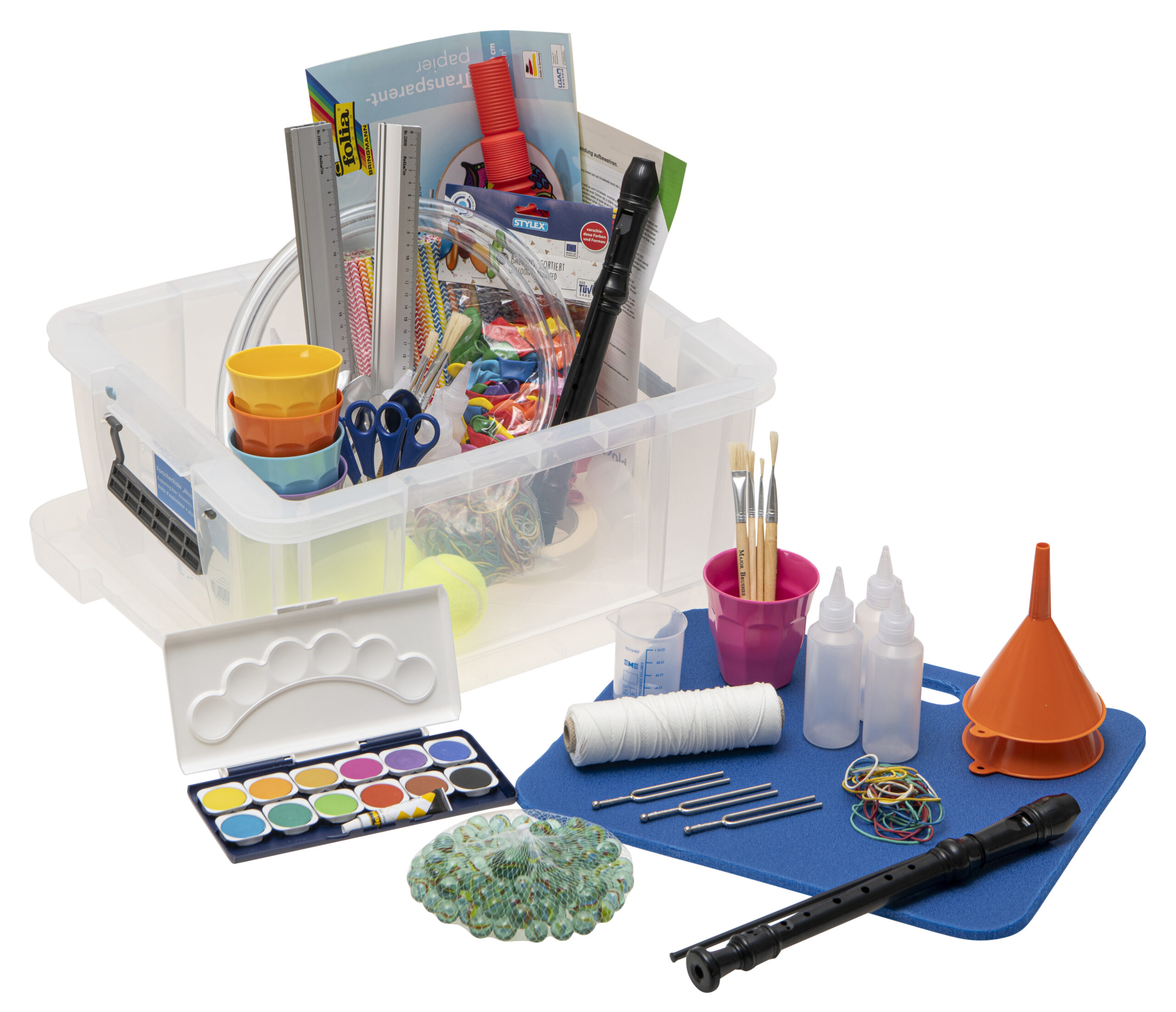 Maker Box Akoestiek met muziekinstrumenten, knutselmaterialen en accessoires voor creatief geluid en toon maken.