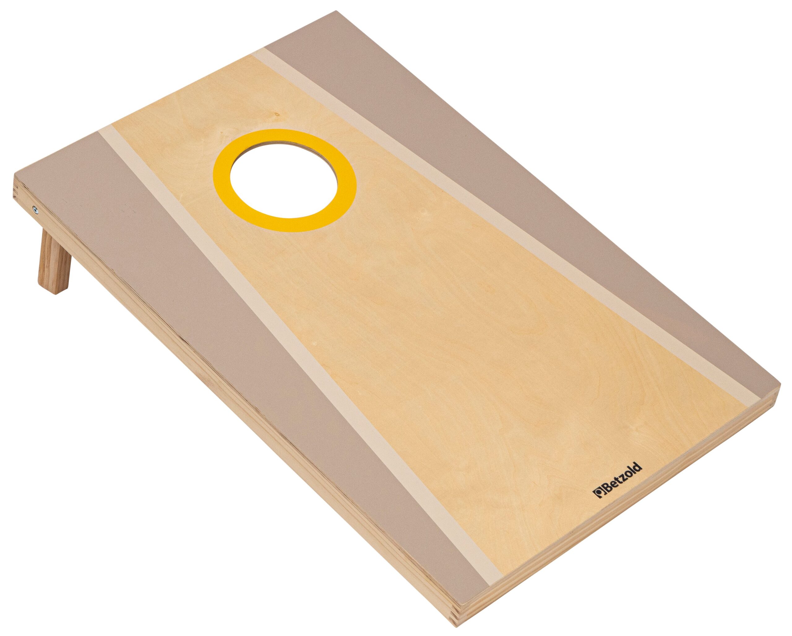 Speelbord voor cornhole met een gele ring en een houten afwerking, ideaal voor motorische ontwikkeling.