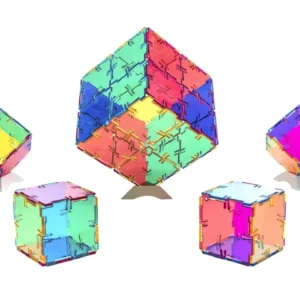Kristallen Polydron CMY Set met 48 kleurrijke vierkanten, ideaal voor het spelen met licht en het leren van kleurmenging.