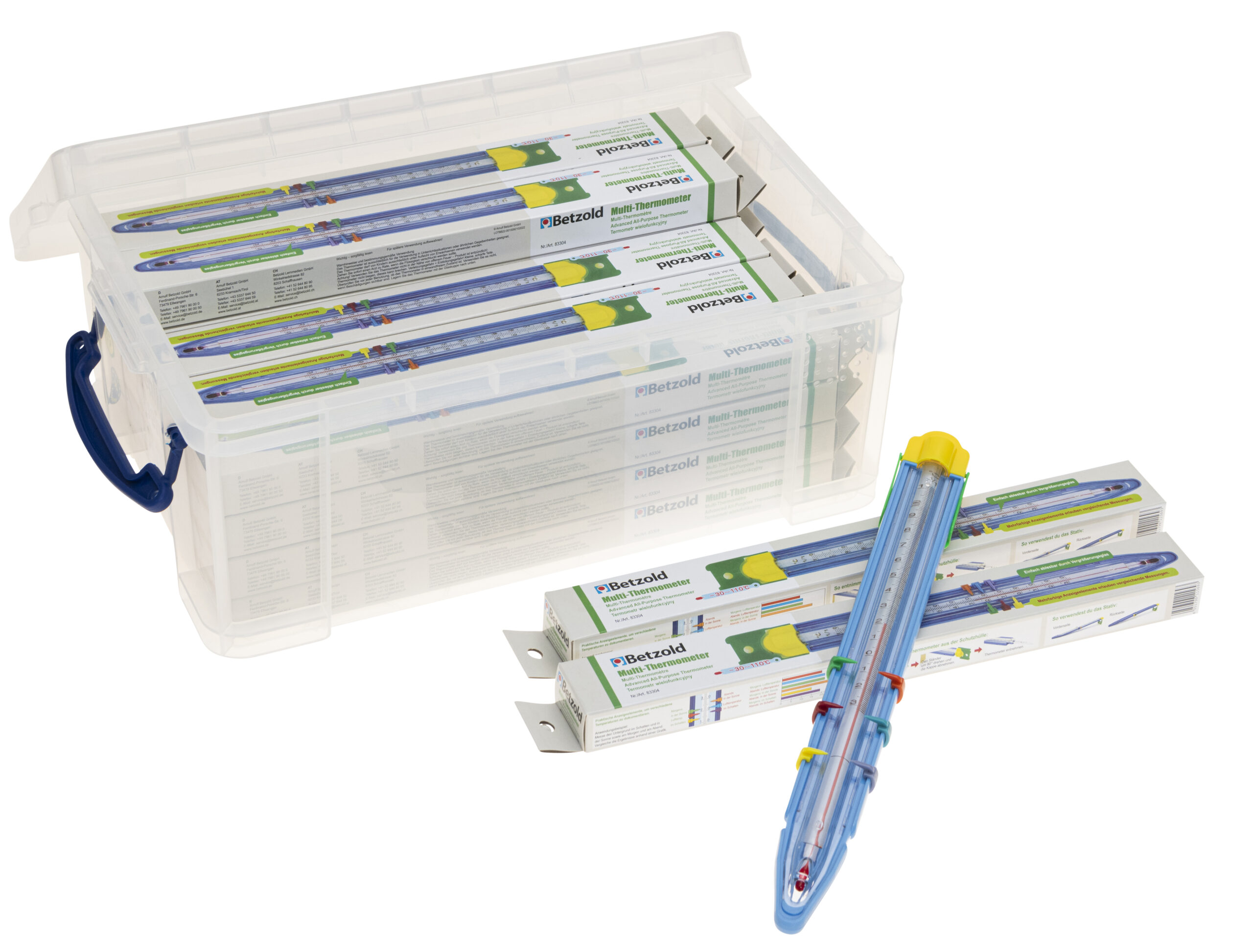 Set van 25 multi-thermometers in een doorzichtige doos, met duidelijke labels en kleurcodering voor gebruik in wetenschap ...