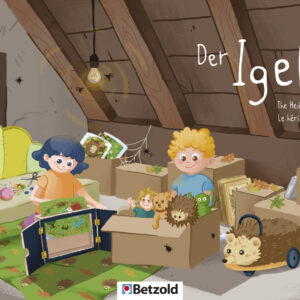 Kamishibai vertelkaartenset De egel met kinderen, dieren en een gezellige zolderomgeving.