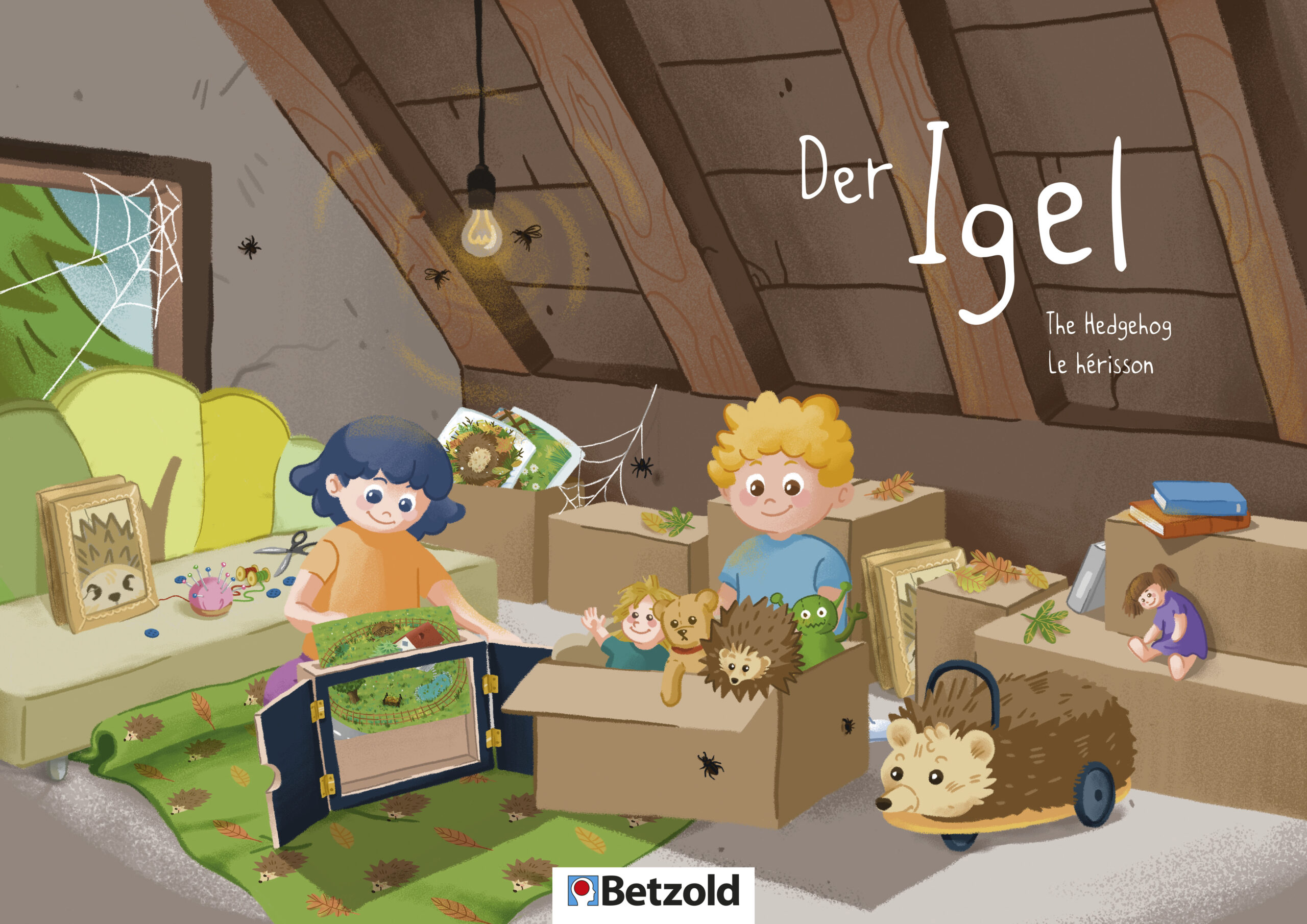Kamishibai vertelkaartenset De egel met kinderen, dieren en een gezellige zolderomgeving.