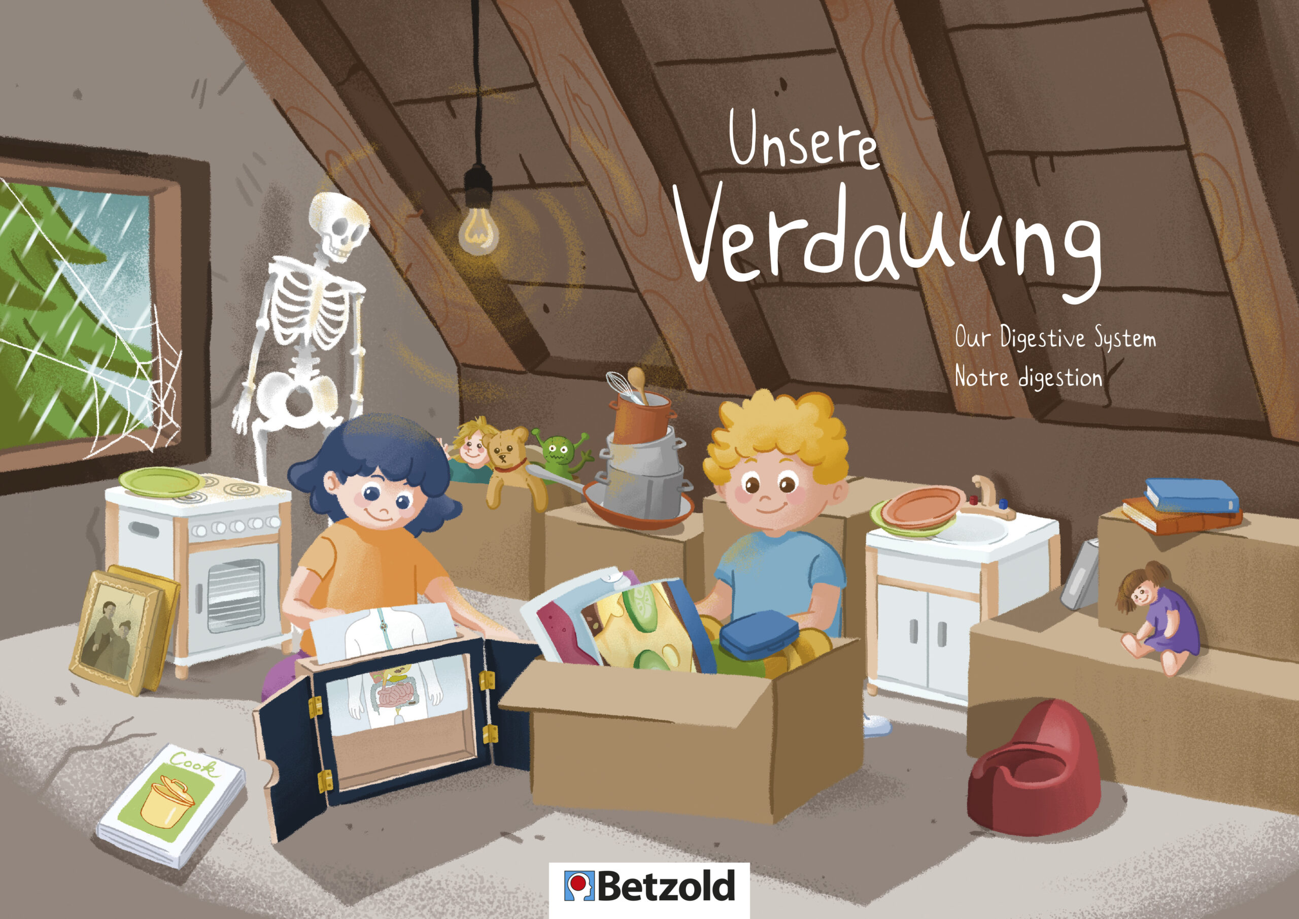 Kamishibai vertelkaartenset Onze spijsvertering met kinderen in een zolderomgeving, spelend met educatief materiaal.