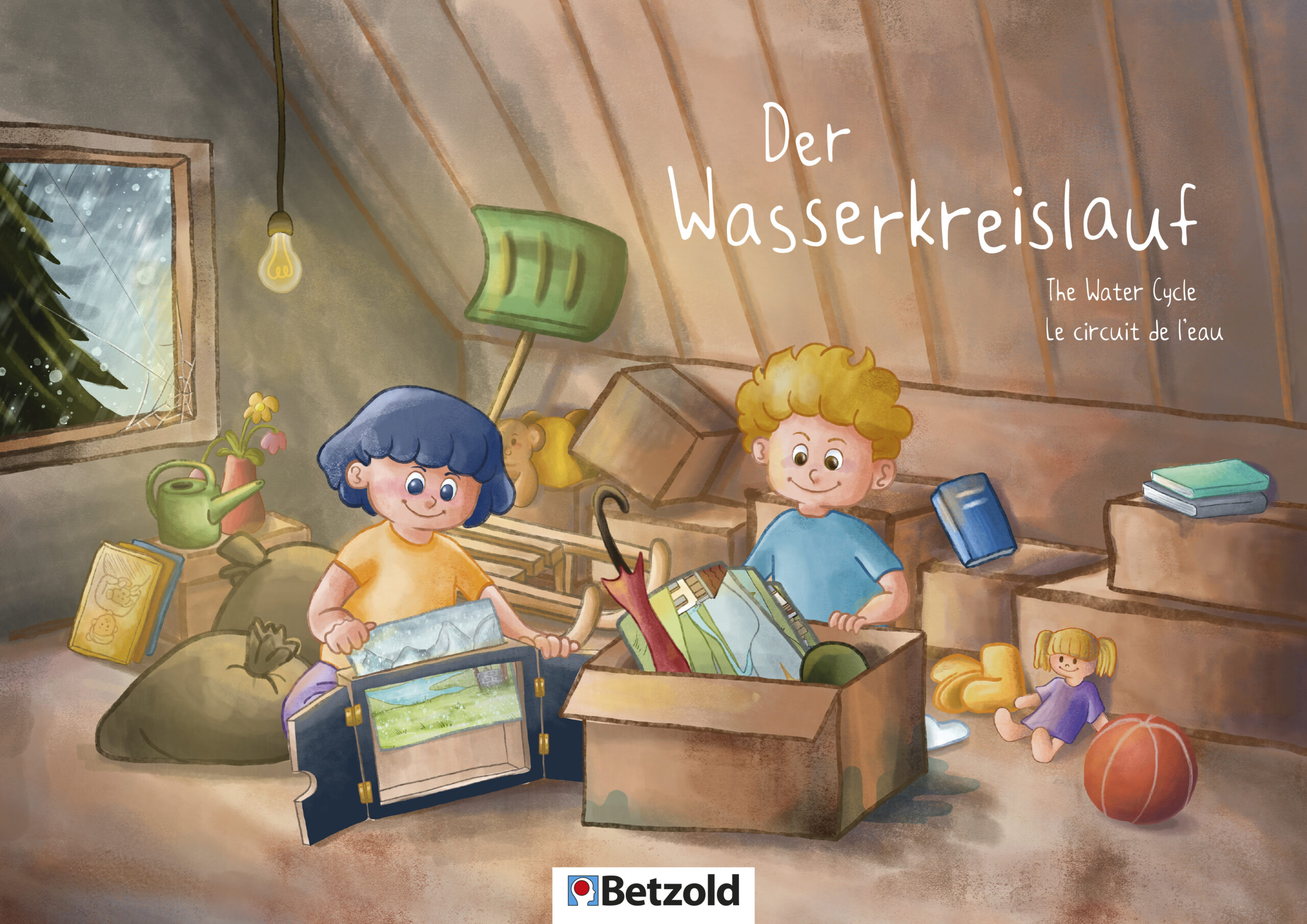 Kamishibai vertelkaartenset over de watercyclus, met kinderen die verhalen vertellen in een gezellige ruimte.