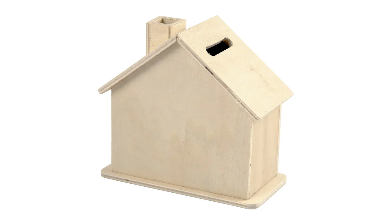 Blanco spaarpot in de vorm van een huis, gemaakt van hout, set van 5 stuks, ideaal voor creatieve projecten.