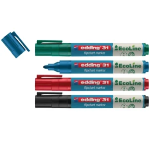 Set van 4 EcoLine flipchart markers in groen, blauw, rood en zwart, met een afneembare dop. Geschikt voor bordgebruik.