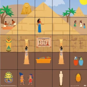 Vloermat Het Oude Egypte met kleurrijke afbeeldingen van piramides, faraos en oude Egyptische scènes voor programmeren.