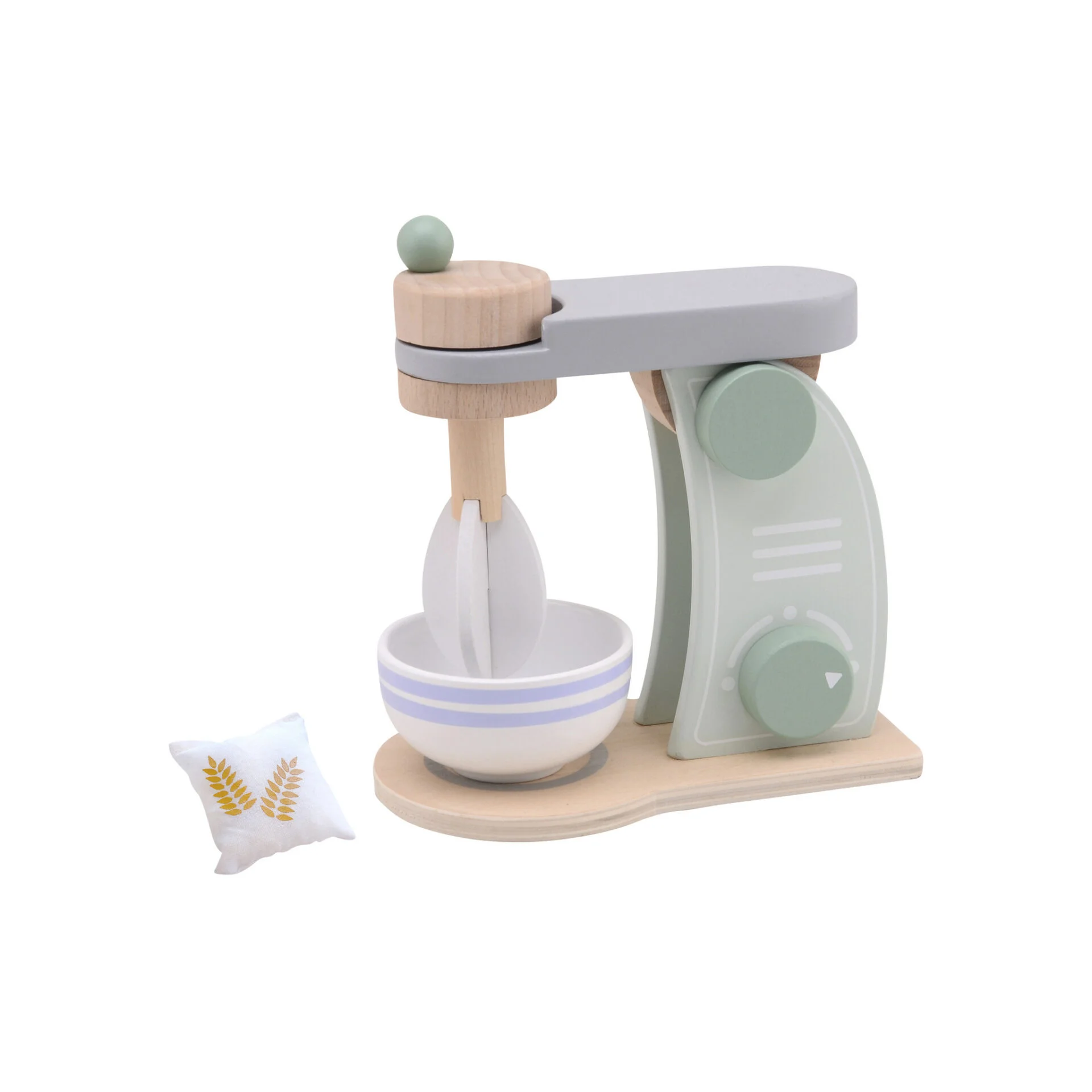 Houten mixer met een kom en een lepel, in zachte kleuren, ideaal voor de keukenhoek van kinderen.
