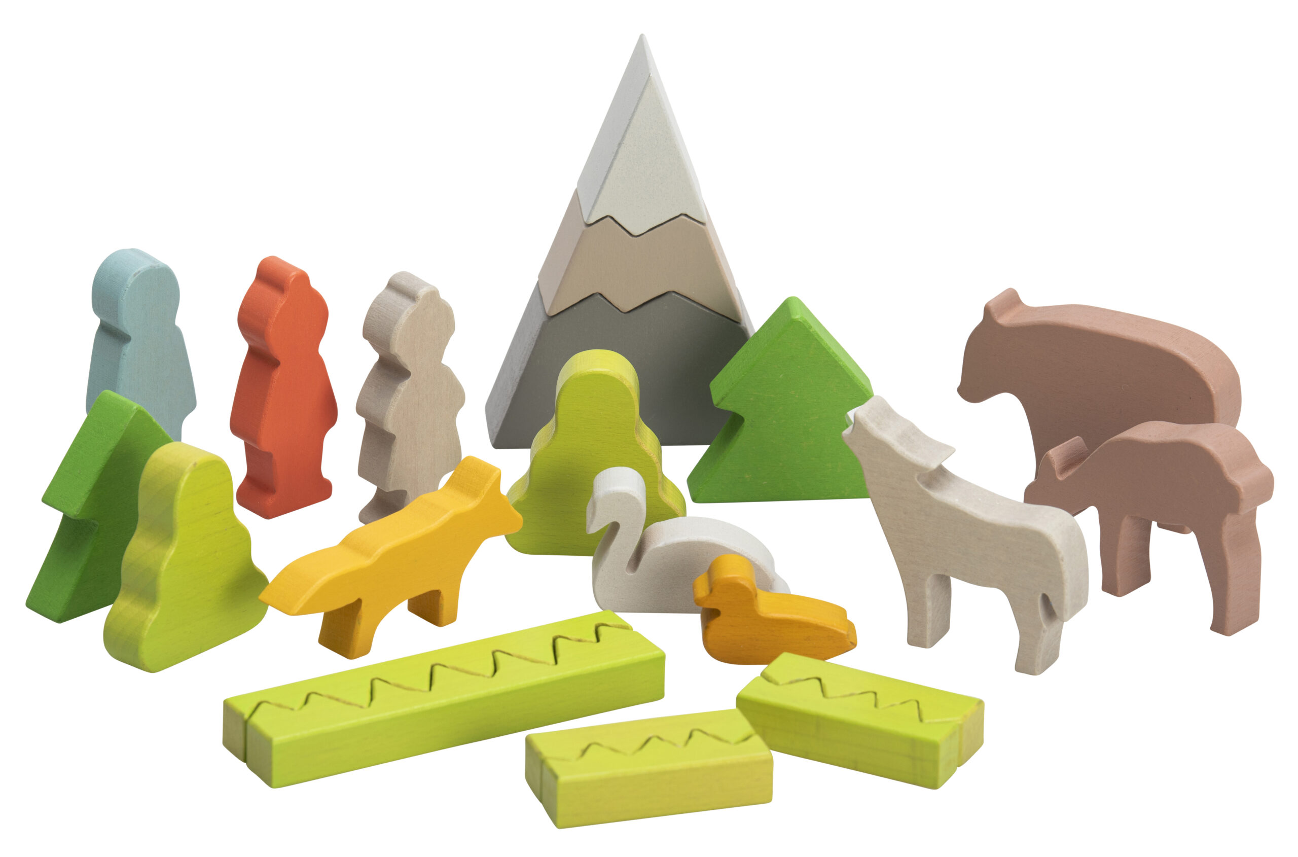 Kleurige houten bouwstenen van bosdieren, inclusief dierenfiguren, bomen en bergen in diverse kleuren.