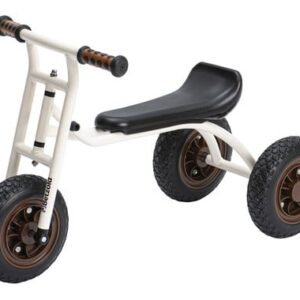 Schattige driewieler Urban Duster met een zwart zadel en bruine wielen, ideaal voor kinderen om te verkennen.
