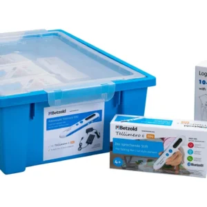 Blauwe opbergdoos met Tellimero EDU Pen, USB-hub en instructieboekje voor interactief klassenset. Geschikt voor meertalig ...