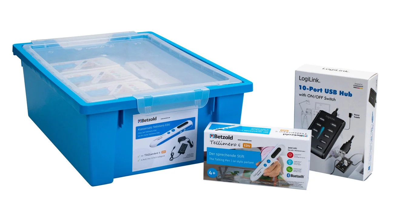 Blauwe opbergdoos met Tellimero EDU Pen, USB-hub en instructieboekje voor interactief klassenset. Geschikt voor meertalig ...