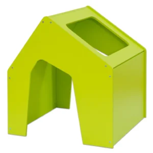 Speelhuis in limoenkleur met twee ingangen en een groot dakraam, ideaal voor kinderopvang en spel.