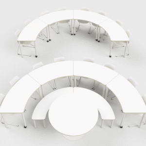 Flexibele FLEX KRING tafels in een cirkelopstelling, met witte oppervlakken en bijpassende stoelen voor onderwijsruimtes.