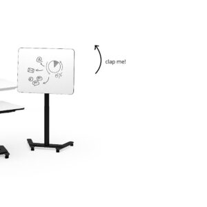Verrijdbare FX Flex tafel met hoogteverstelling en whiteboard oppervlak, ideaal voor creatieve setups en ruimtebesparing.