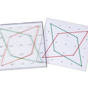 Geobord F set van 5, 15 cm x 15 cm, met elastieken in groen en rood op een transparante basis voor geometrische oefeningen.