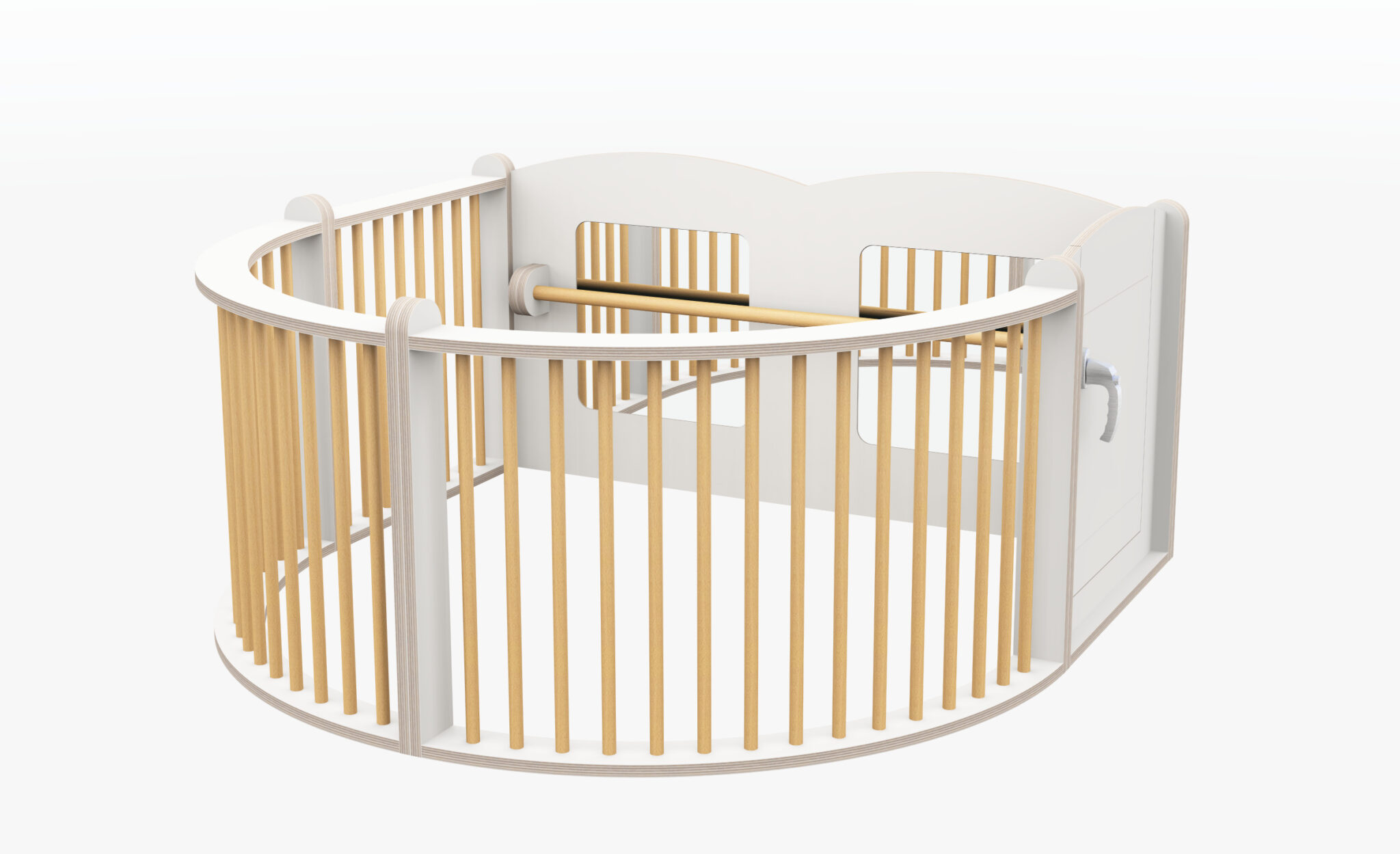 Mooie spijlen grondbox in berken en wit, veilig voor babys met een rond ontwerp en openingen voor ventilatie.