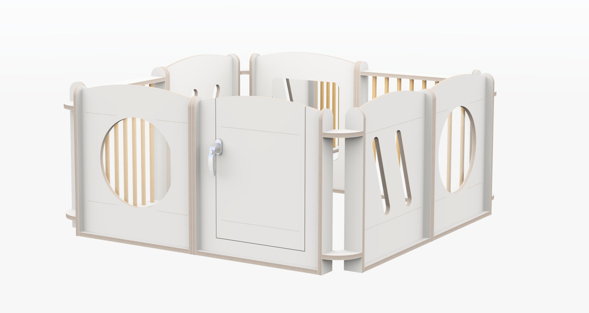 Vierkante spijlen grondbox in berken en wit, met veilige openingen en een deur voor babys. Geschikt voor elk interieur.