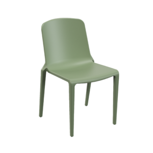 Stapelbare stoel in groen, gemaakt van 30% gerecycled polypropyleen, elegant ontwerp voor binnen- en buitengebruik.