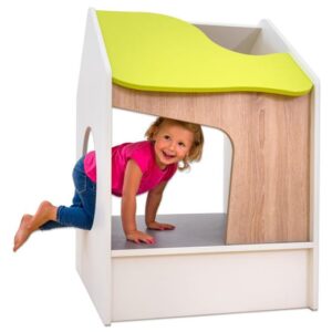 Educasa Huispodium Premium: creatief speelhuis met podium, stevige constructie, kind speelt vrolijk binnenin.
