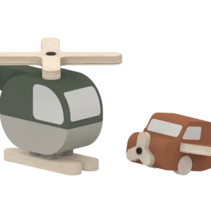 Houten helikopter en vliegtuig in aardetinten, ideaal voor thematisch onderwijs en speelhoeken over verkeer en vervoer.