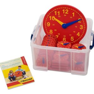Klassenset Klokkijken met 25 leerlingklokjes en instructieboekje in doorzichtige opbergdoos.
